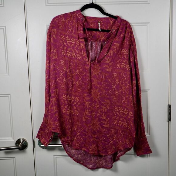 NWT Free People Mia Top S Shirt Tunic Printed Oversized Boho Pink Tie Up V-Neck - Picture 1 of 5